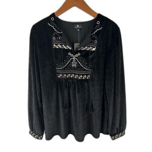 Curations Black Embroidered Velvet Blouse NWT Size Large Y2K Date Valentine's